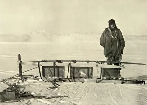Antarctic Explorer Prints: Shackleton standing by the Broken Southern Sledge, c1908, (1909)