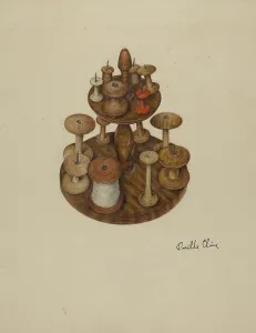 Vintage Sewing Tools Prints: Shaker Spool Rack and Spools, c. 1939. Creator: Orville Cline
