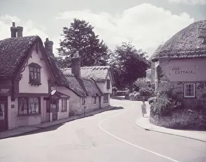 Prints of Shanklin Old Village, Isle of Wight, c1955. Signs for tea garden, Hollier's Hotel and Restaurant, to The Chine, and Vine Cottage Related Prints: Shanklin Old Village Print, Isle of Wight, c1955