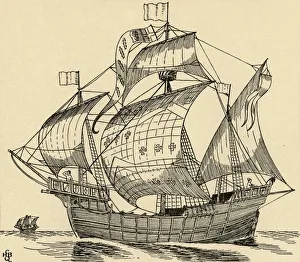 A Ship of the time of Christopher Columbus, (1931). Artist: Charles Henry Bourne Quennell A Ship of the time of Christopher Columbus, (1931). Artist: Charles Henry Bourne Quennell