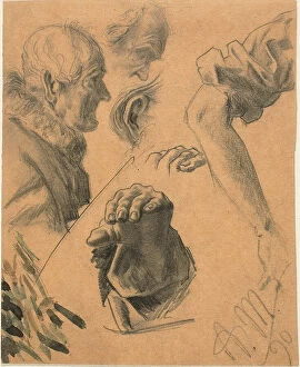 Adolf Menzel Collection: Sketches of Hands, Arms, and Heads, 1890. Creator: Adolph Menzel