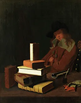 Print of a Young Man Sleeping at a Desk