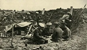 Prints of Soldiers playing cards in the trenches, First World War, c1916, (c1920). An Interval of Peace: British bomb-gun section enjoying a hand at cards while the sentries keep watch through the periscopes World War I And II Prints: Soldiers Playing Cards in WWI Trenches Print, c1916