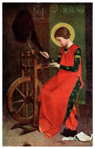 Prints of St Elizabeth of Hungary Spinning Wool for the Poor, 1901. Elizabeth (1207-1231) was the daughter of Andras II of Hungary Hungary Prints: St Elizabeth of Hungary Spinning Wool for the Poor, 1901 Print