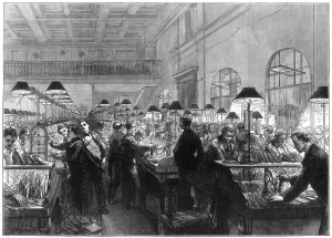 Royal Mail History Prints: Stamping and sorting office, General Post Office, London, 1875