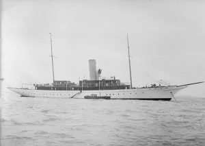 Steam yacht Miranda at anchor, 1910. Creator: Kirk & Sons of Cowes Steam yacht Miranda at anchor, 1910. Creator: Kirk & Sons of Cowes
