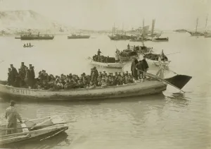 Armed Forces Transportation Prints: String of pontoons in tow of stream launch