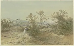 Prints of Strollers on a road through a shrub-covered plain, c1850-1905 Anton Burger Prints: Anton Burger's Print of Strollers on a Road