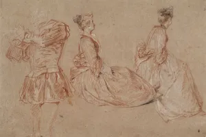 Studies of a flute-player and two women, 1717. Artist: Jean-Antoine Watteau Studies of a flute-player and two women, 1717. Artist: Jean-Antoine Watteau