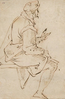Line Drawing Of A Man Prints: Study of a seated man, around 1500. Creator: Unknown
