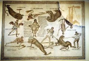 Telegenic Troupe kill leopards at Spectacle, Roman floor mosaic from Moknine, 3rd century Telegenic Troupe kill leopards at Spectacle, Roman floor mosaic from Moknine, 3rd century