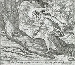Roman Mythological Figures Prints: Thisbe Killing Herself, published 1606. Creators: Antonio Tempesta, Wilhelm Janson