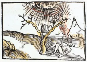 Print of a man under a tree struck by lightning