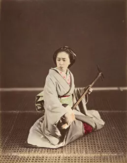 Albumen Silver Print From Glass Negative With Applied Colour Collection: [Tokyo Geisha with Shamisen], 1870s. Creator: Unknown