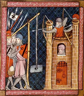 Medieval Fortifications Prints: A trebuchet in use at a siege, c1340. Creator: Unknown