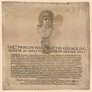A portrait bust of Andrea Mantegna is rendered in woodcut print