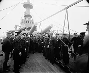 Early 20th Century Ships Prints: U.S.S. Oregon, distributing mail, between 1896 and 1901. Creator: Unknown