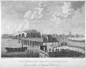 River Thames Geography Prints: View of Blackfriars Bridge under construction, London, c1762 (1775). Artist: RB Godfrey