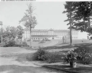 Black And White Hotel Photos Prints: West approach, Hotel Champlain, Bluff Point, N.Y. between 1900 and 1920. Creator: Unknown