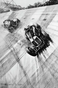 Whitney Straight (Maserati) at the Members Bridge turn, Brooklands, 1933, (1937). Artist: Gordon Crosby Whitney Straight (Maserati) at the Members Bridge turn, Brooklands, 1933, (1937). Artist: Gordon Crosby