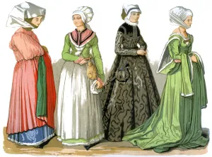 Women of Nuremberg, Germany, 16th century (1849).Artist: Edward May Women of Nuremberg, Germany, 16th century (1849).Artist: Edward May