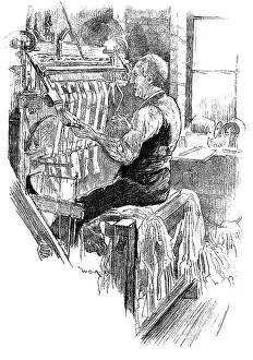 Print of a man working at an old handloom stocking-frame
