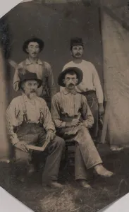 White Background Black And White Photos Prints: Four Workmen Holding Different Tools: Square, Hatchet, Wood Plane, and Trowel, 1860s-70s