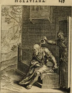 Prints of Xanthippe emptying a chamber pot over Socrates. (From Emblemata Horatiana), 1607. Private Collection Otto Van Veen Prints: Xanthippe emptying a chamber pot over Socrates, 1607 Print