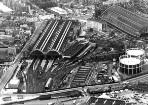 Aerial view of Kings Cross Railway Station in London Aerial view of Kings Cross Railway Station in London