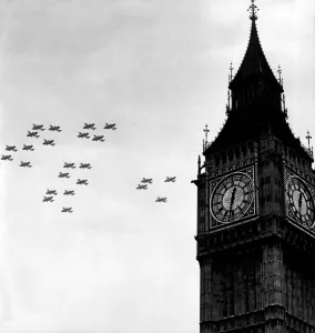 RAF Battle Of Britain Anniversary fly past, Big Ben London, 1953 RAF Battle Of Britain Anniversary fly past, Big Ben London, 1953