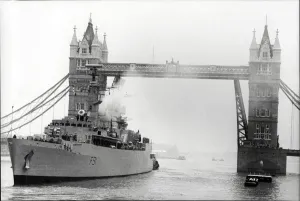 Prints of HMS Brazen, Royal Navy Frigate ship leaving London, passing through Tower Bridge Bridge Prints: HMS Brazen Print Passing Tower Bridge