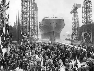 Prints of Launch of HMS Eagle, Royal Naval aircraft carrier by Princess Elizabeth (Queen Elizabeth II) in Belfast, 1946 Related Prints: Launch of HMS Eagle Print, 1946 Aircraft Carrier Launch