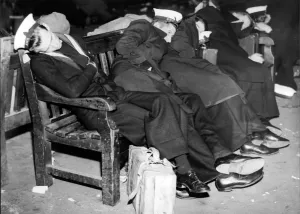 Waterloo Station Prints: Waterloo Train Station Print: Sleeping Sailors on a Bench