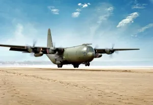 C-130 Mk3 Hercules Transport Aircraft landing at Saunton Sands air strip C-130 Mk3 Hercules Transport Aircraft landing at Saunton Sands air strip