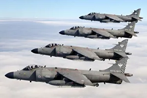 Four FA2 Sea Harriers, based at RNAS Yeovilton, flying in formation above the clouds Four FA2 Sea Harriers, based at RNAS Yeovilton, flying in formation above the clouds