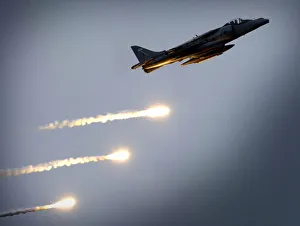 A Harrier GR7 of 800 Naval Air Squadron (NAS) is shown firing decoy flares A Harrier GR7 of 800 Naval Air Squadron (NAS) is shown firing decoy flares