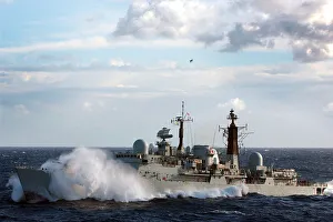 HMS Exeter is shown towing the splash target for the bombing runs of the Sea Harriers HMS Exeter is shown towing the splash target for the bombing runs of the Sea Harriers