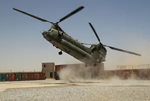 An RAF Chinook helicopter making the tricky approach to the Helicopter Landing Site An RAF Chinook helicopter making the tricky approach to the Helicopter Landing Site