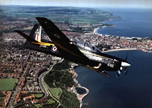 An RAF Tucano, is shown here flying over Scarborough North Yorkshire An RAF Tucano, is shown here flying over Scarborough North Yorkshire