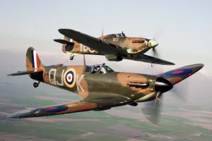 Prints of Spitfire P7350 (front) flies alongside Hurricane LF363 (back) World War I Prints: Spitfire P7350 and Hurricane LF363 Print