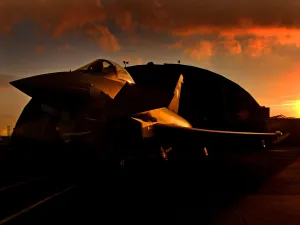 A Typhoon F2 jet fighter from 11 Squadron Royal Air Force, sits on the apron at RAF A Typhoon F2 jet fighter from 11 Squadron Royal Air Force, sits on the apron at RAF