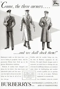 A 1940 advertisement for Burberry's Equipment for the Services. From British Warships, published 1940 A 1940 advertisement for Burberry's Equipment for the Services. From British Warships, published 1940