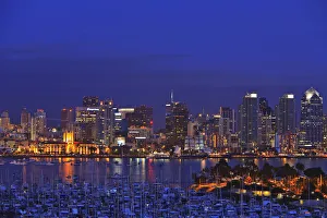 Aerial View Of San Diego Skyline With Harbor Island Boats In The Foreground; San Diego, California Aerial View Of San Diego Skyline With Harbor Island Boats In The Foreground; San Diego, California