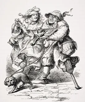Beggar Playing The Fiddle And His Wife Accompanying Him With Bones. Copy Of An Old Engraving Of The Seventeenth Century Beggar Playing The Fiddle And His Wife Accompanying Him With Bones. Copy Of An Old Engraving Of The Seventeenth Century