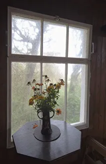 A Bouquet Of Flowers In A Vase On A Table By The Window; Northumberland, England A Bouquet Of Flowers In A Vase On A Table By The Window; Northumberland, England