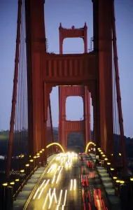 California, San Francisco, Golden Gate Bridge, Blurred Traffic Lights At Evening California, San Francisco, Golden Gate Bridge, Blurred Traffic Lights At Evening