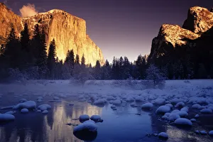 California, Yosemite National Park, Yosemite Valley, Sunset Over El Capitan And Snowy California, Yosemite National Park, Yosemite Valley, Sunset Over El Capitan And Snowy