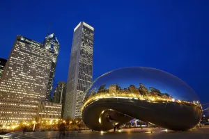 Cloud Gate (The Bean) Sculpture In Front Of Skyscrapers At Night, Chicago, Illinois, Usa Cloud Gate (The Bean) Sculpture In Front Of Skyscrapers At Night, Chicago, Illinois, Usa