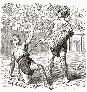 Defeated gladiator appeals to crowd for mercy. After a mid-19th century illustration by an unidentified artist Defeated gladiator appeals to crowd for mercy. After a mid-19th century illustration by an unidentified artist