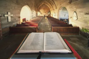 Durham, England; An Open Bible At The Back Of A Church Durham, England; An Open Bible At The Back Of A Church